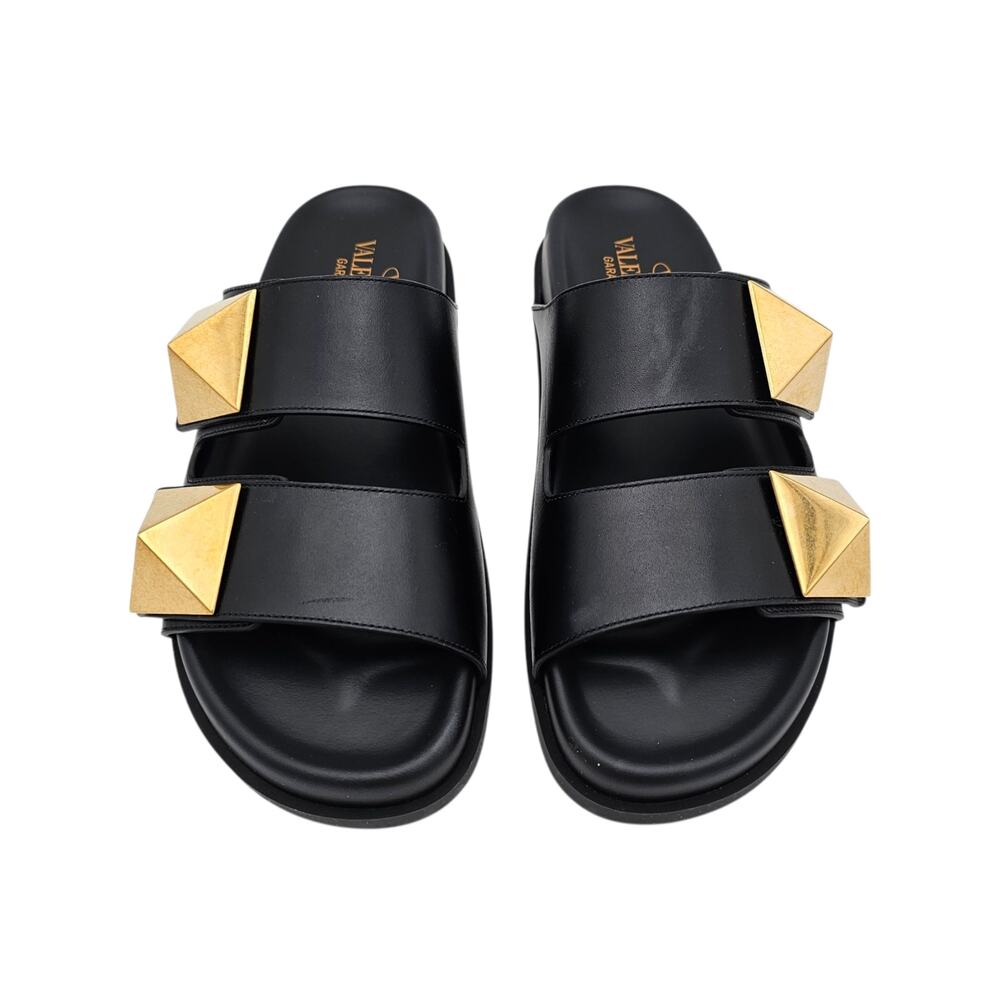 Valentino Garavani One Stud Flat Slide Sandal Black Leather Size 37.5 US 7.5 - Picture 3 of 10